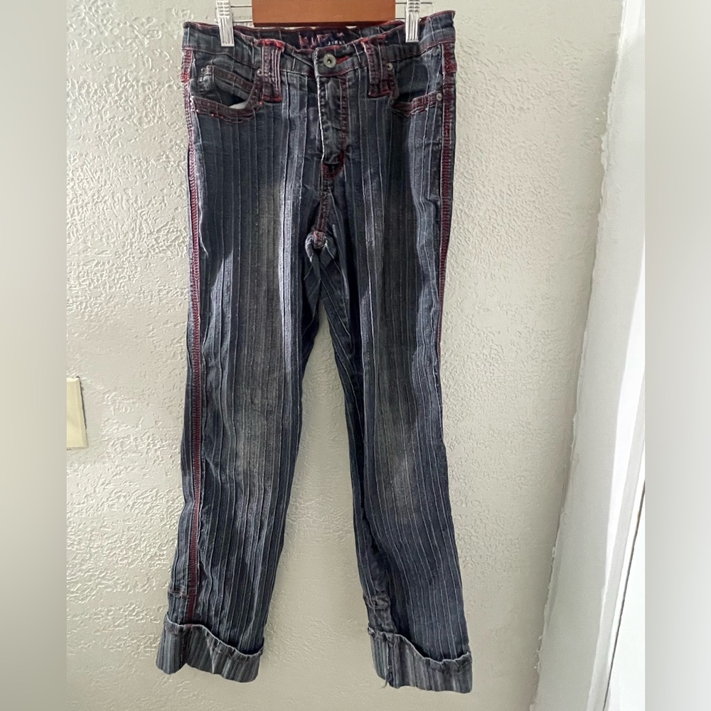 Y2K Fluid Jeans- Striped Distressed Grunge Denim with Red‎ Accents Size 11